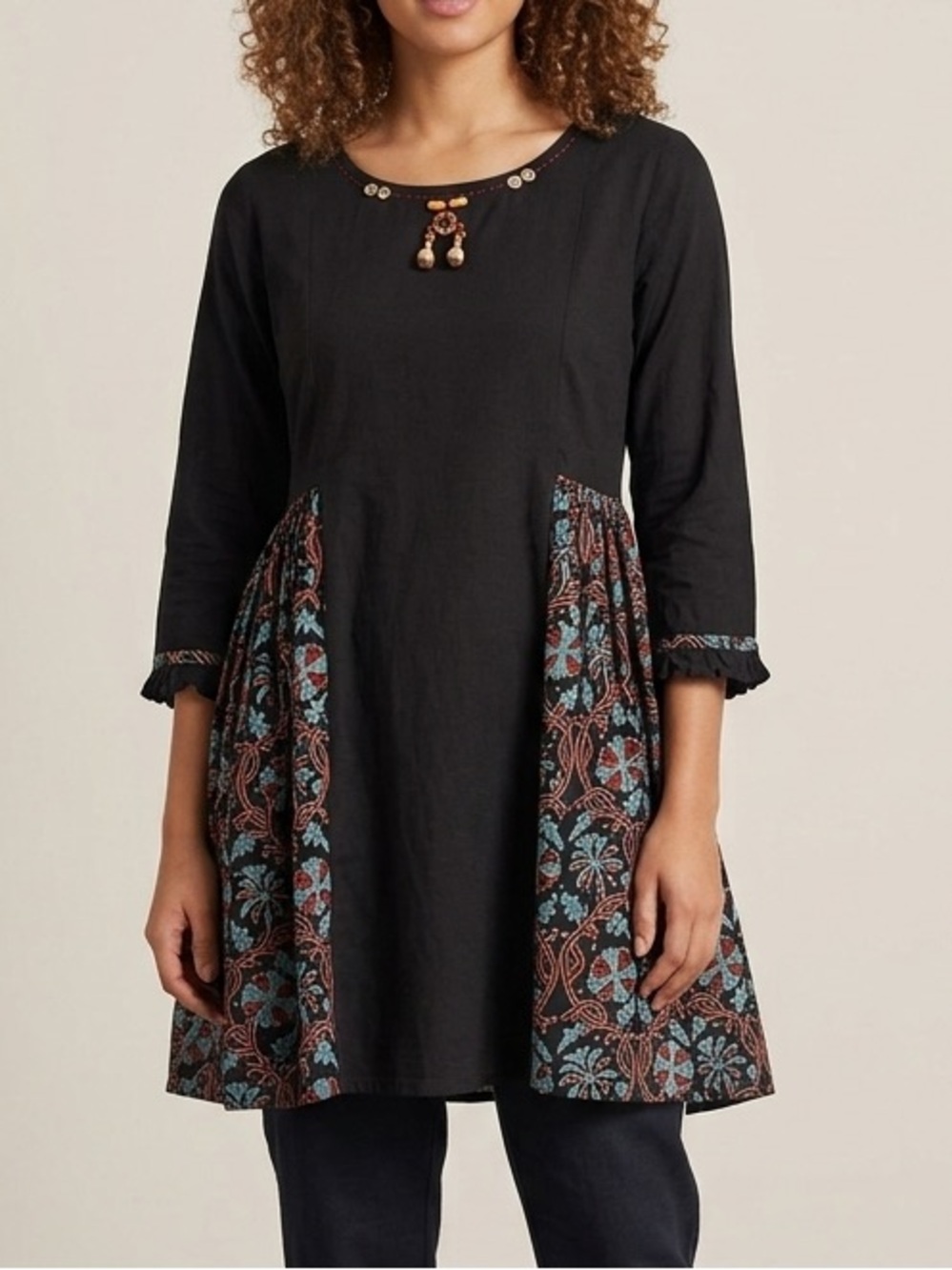 Insia Cotton 3/4 Sleeve Black Tunic Shirt Top Mini Dress Size Medium